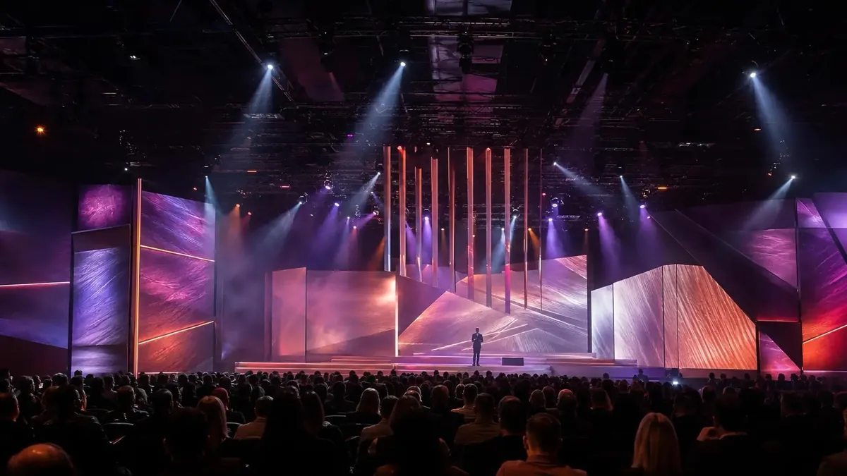 Renginio scena su šviesomis ir auditorija